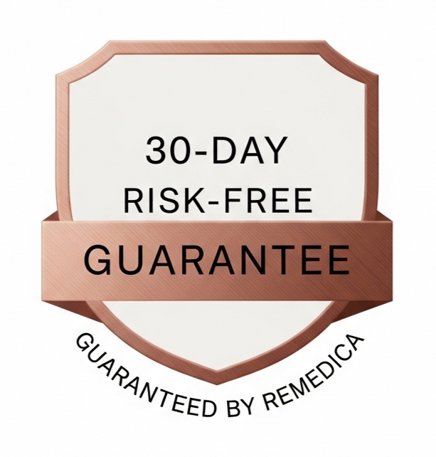 30-day risk-free guarantee badge with 'Guaranteed by Remedica' text on a white background