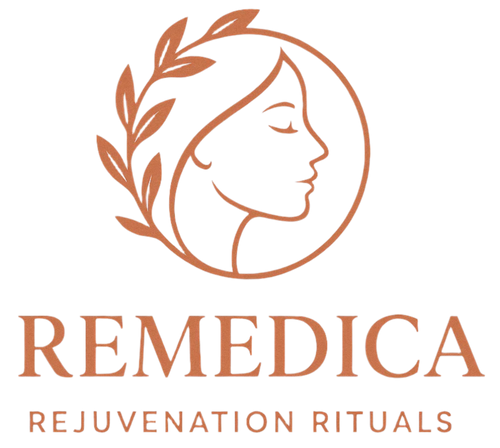Logo of Remedica Rejuvenation Rituals with a stylized face and leaves on a white background.