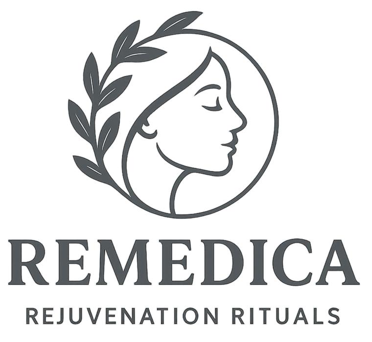 Logo for Remedica Rejuvenation Rituals featuring a stylized face and leaves.
