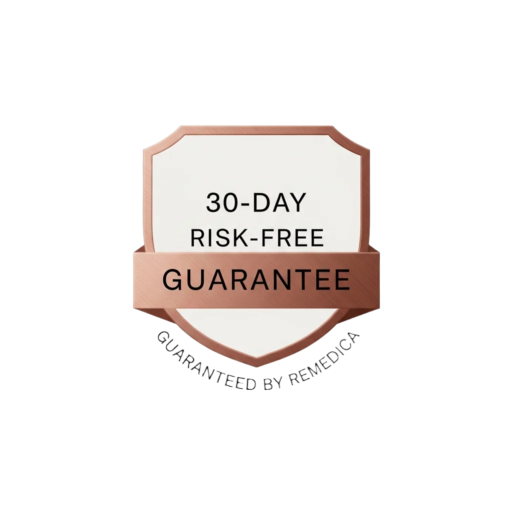30-day risk-free guarantee badge with 'Guaranteed by Remedica' text on a white background