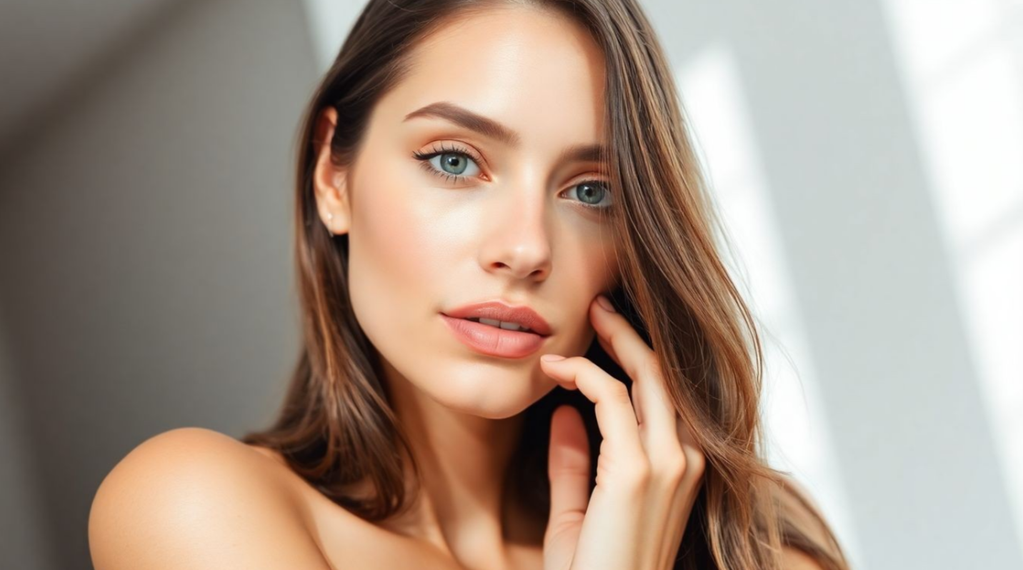 Woman with smooth skin touching her face against a neutral background